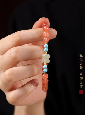 新中式和田玉并蒂莲单圈冰飘南红玛瑙手链温润甜美女款手饰礼物