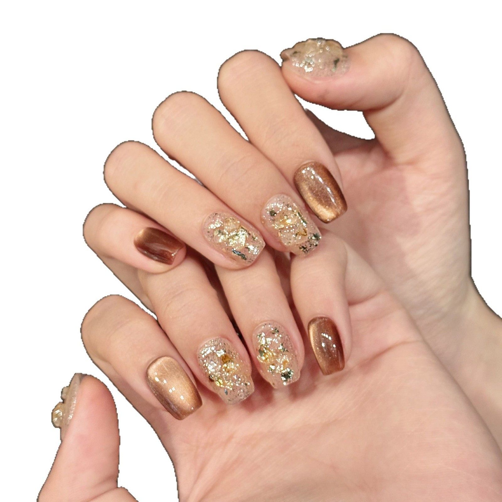 纯手工穿戴甲奶咖曲奇水晶碎石秋冬款美拉德色系显白猫眼亮片美甲,淘宝优惠券,粉丝福利购,淘宝优惠卷