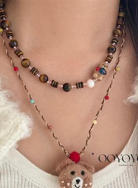 原创虎眼石小熊锁骨链