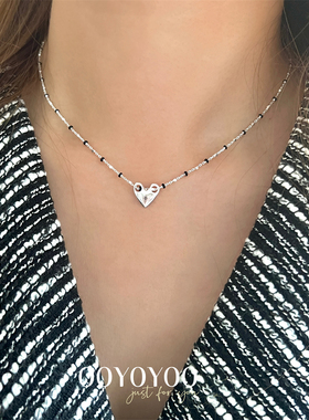 通体925银女桃心黑珠链项链颈链