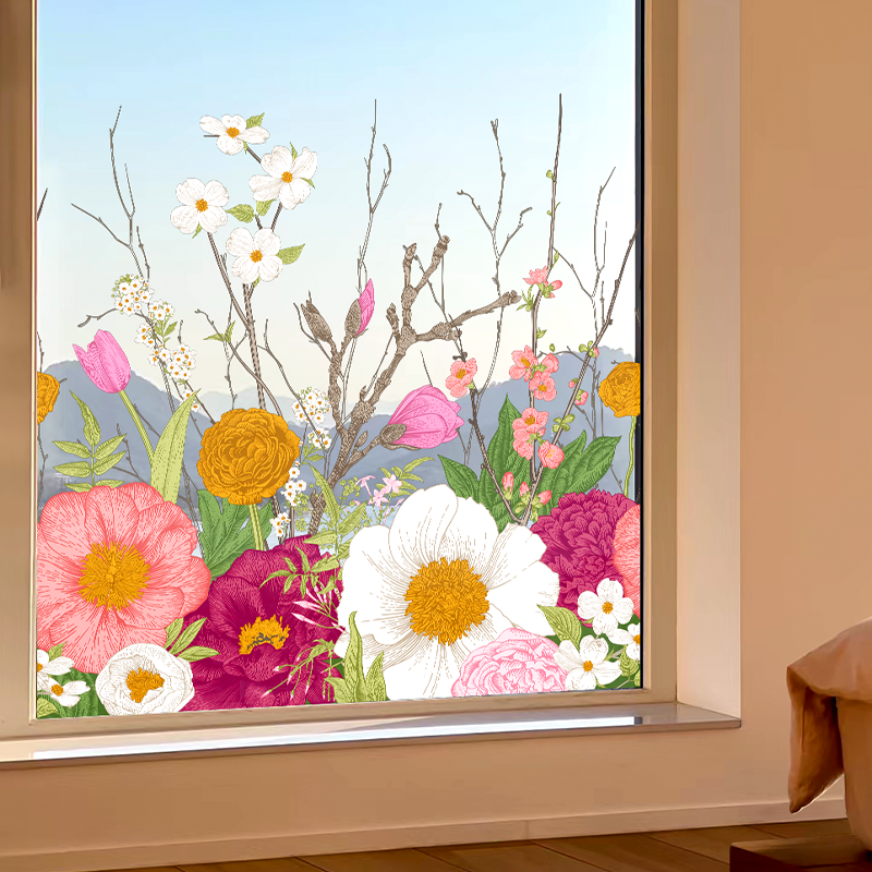 创意植物花卉玻璃门贴纸阳台客厅网红店布置窗花双面彩色静电贴膜,淘宝优惠券,粉丝福利购,淘宝优惠卷