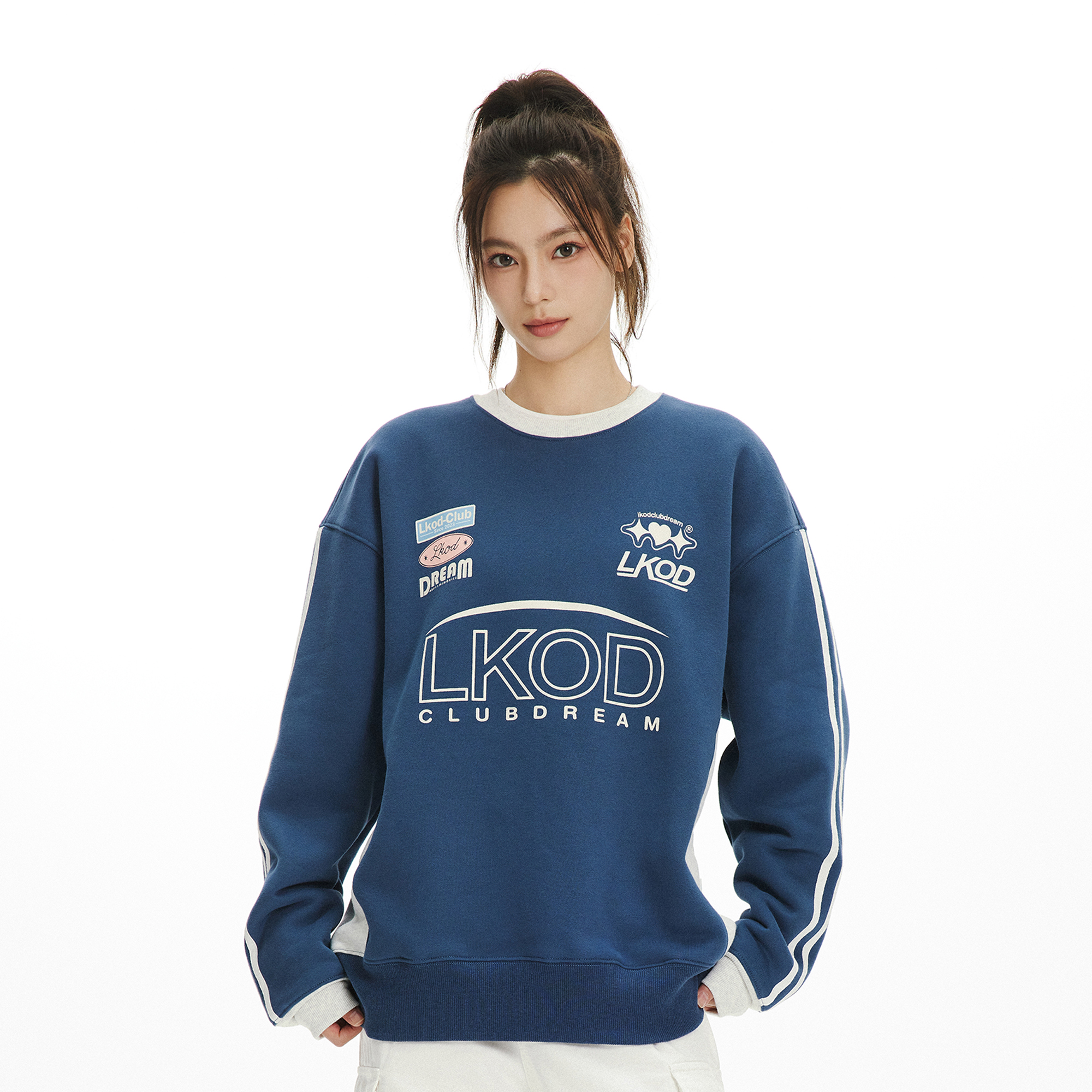 LKOD2023秋冬新款拼接赛车LOGO卫衣男女同款加绒长袖百搭 - 图0