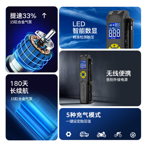 新款米其林车载便携无线充气泵摩托车汽车电动车公路自行车打气 - 图1