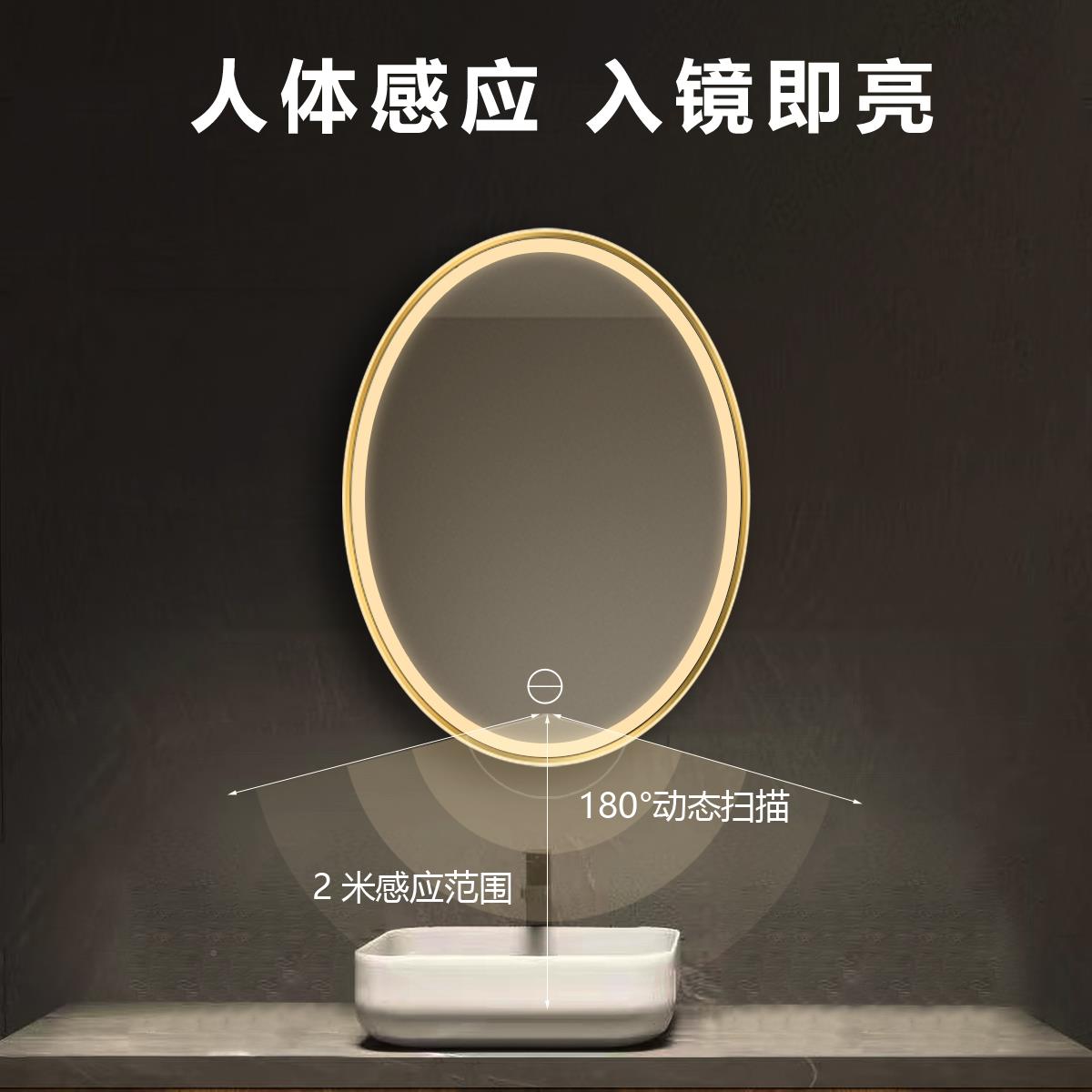 椭圆形带铝合金框智能浴室镜卫生间led带灯高清除雾蓝牙感应镜子 - 图1