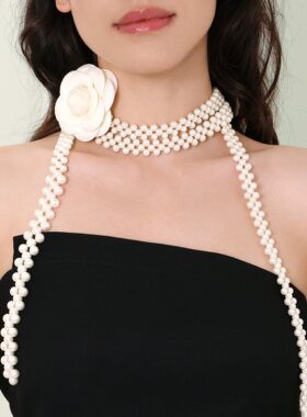 【周笔畅同款】LADECORATION山茶花珍珠长项链choker原创设计奢华