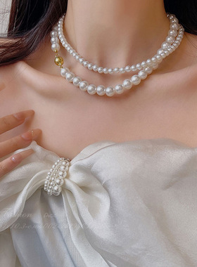 磁吸扣施家珍珠项链女白色小米珠锁骨链简约轻奢颈链经典款毛衣链