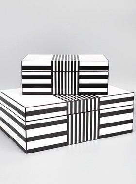 简约现代黑白色条纹木质首饰收纳盒样板间衣帽间橱窗桌面装饰摆件