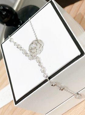 S925银山茶花水滴流苏项链ins高碳钻满钻轻奢5A锆石玫瑰花锁骨链