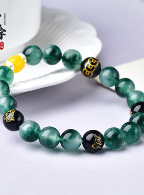 绿色水晶水草玛瑙三合猪兔羊手串