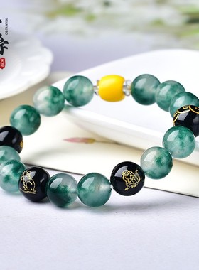 绿色水晶水草玛瑙三合猴鼠龙手串