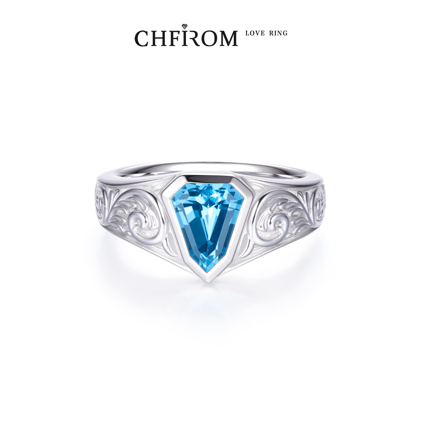Natural topaz shield ring S925 sterling silver embossed curly grass pattern original design men's fashion personalized ring