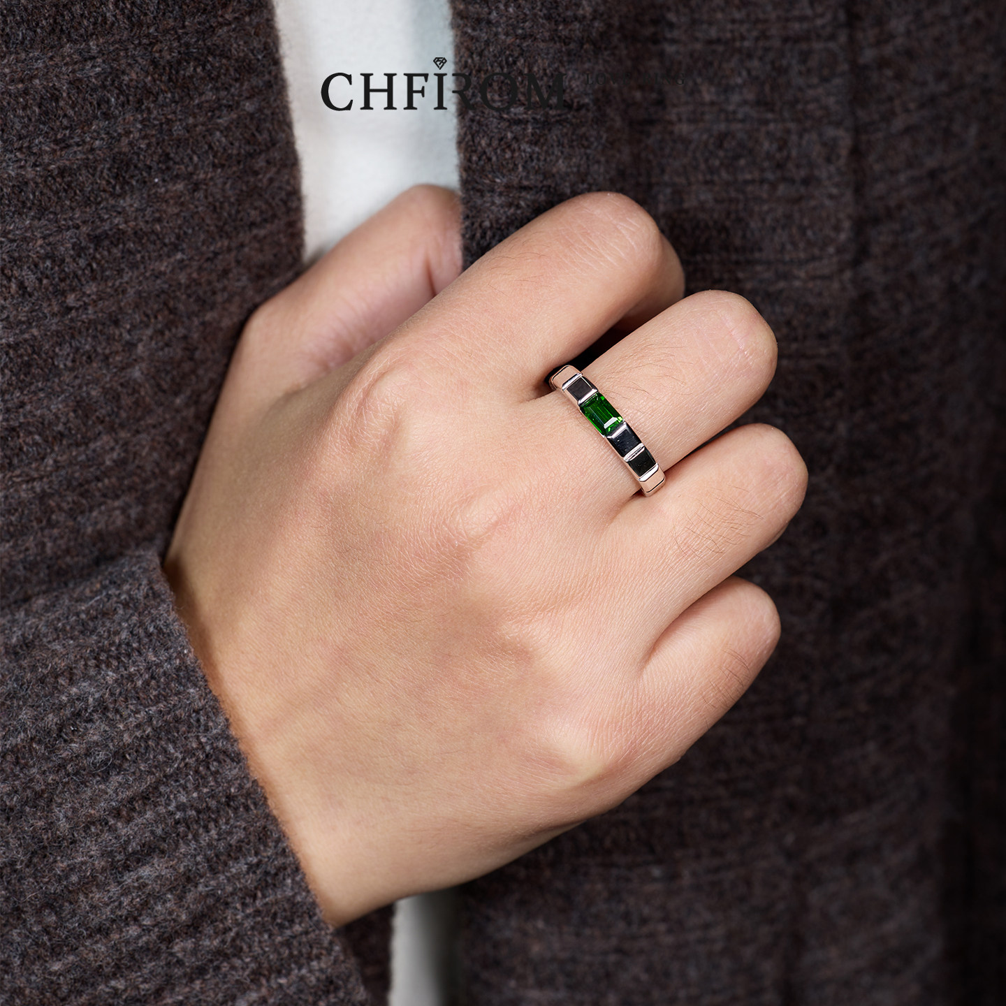 S925 sterling silver emerald cut natural diopside ring square arm jewelry grade men's trendy brand all-match ring