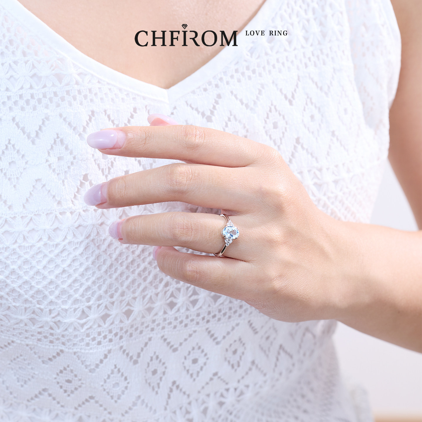 Natural aquamarine, glue-free, dye-free cultured diamond S925 silver plated 18k gold jewelry-grade jewelry ring