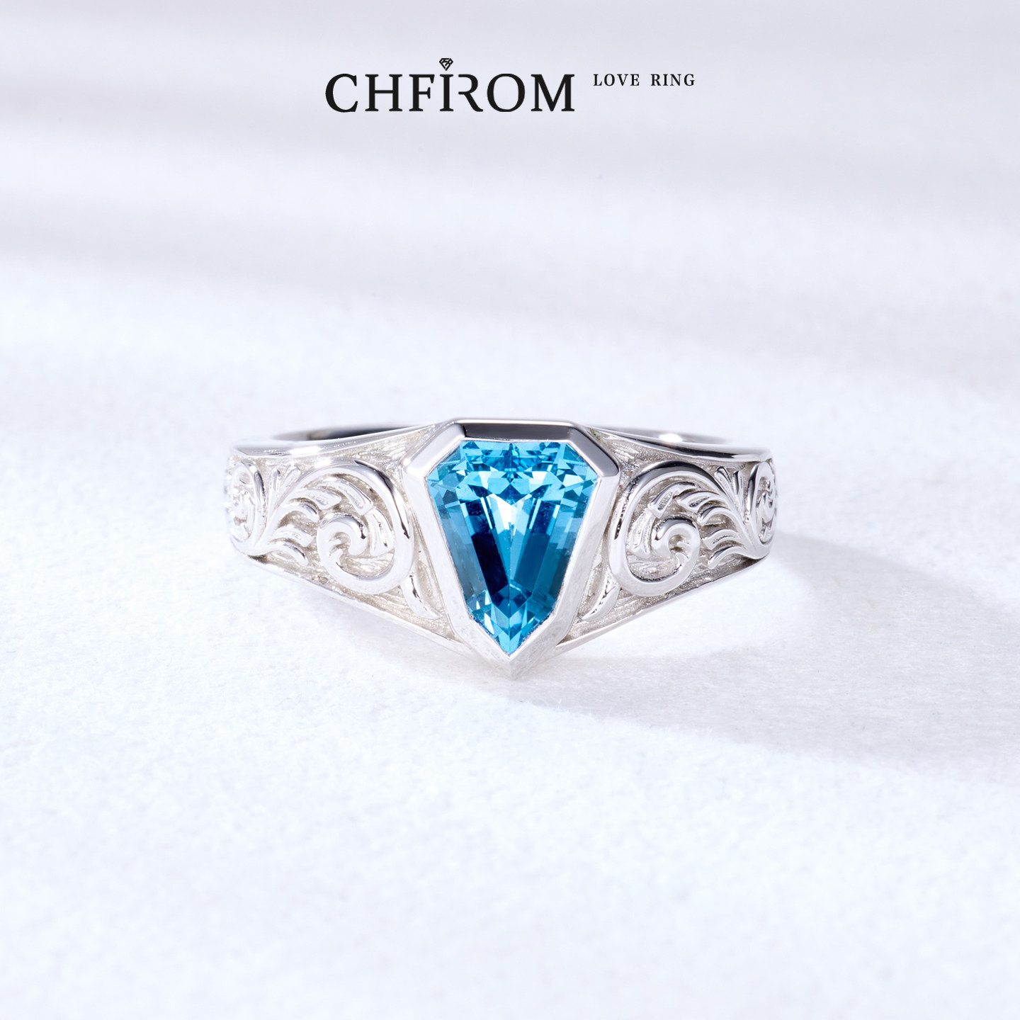 Natural topaz shield ring S925 sterling silver embossed curly grass pattern original design men's fashion personalized ring