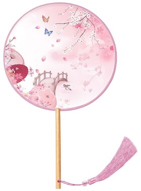 中式木扇骨绫绢扇面印花长柄舞蹈团扇圆扇子古典舞女童舞蹈扇