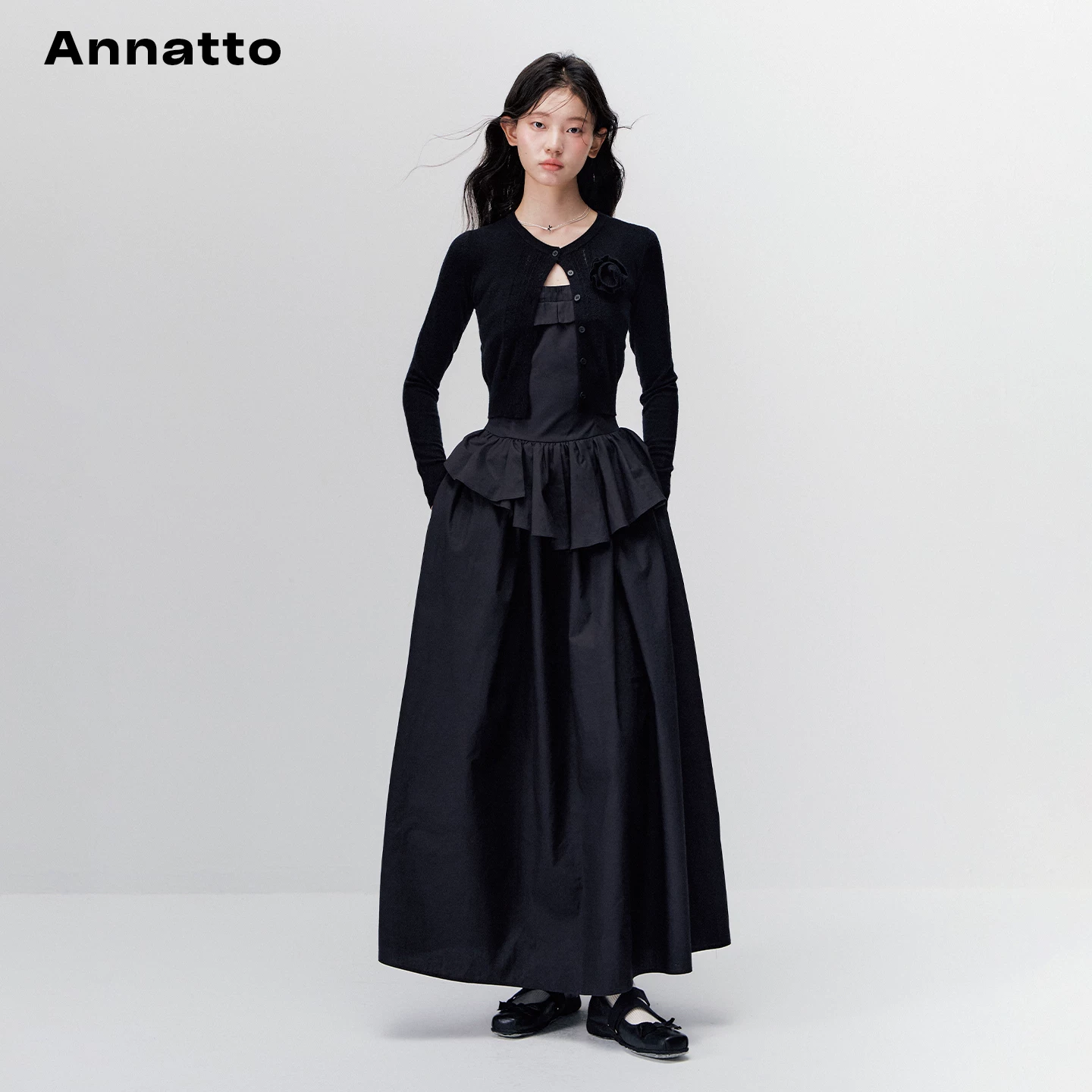 ANNATTO Ретро черный облегающий свитер с длинными рукавами, кардиган, платье весеннее, длинная юбка