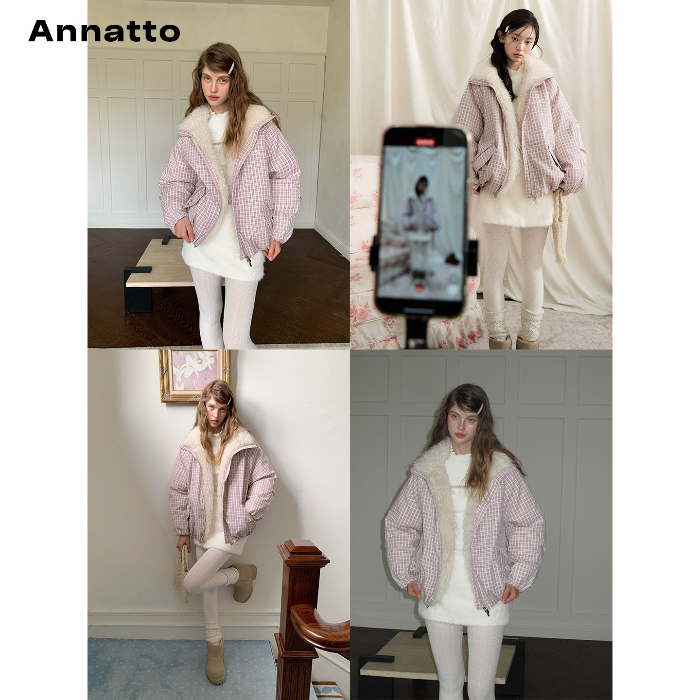 ANNATTO 莓果绒冬 冬季宽松慵懒少女风粉色毛领格子短款棉服外套 - 图1