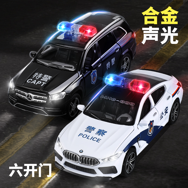 儿童合金警车玩具男孩小汽车模型摆件M8跑车仿真六开门110警察车 - 图0