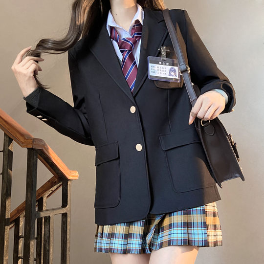 原创jk制服黑色西装外套女大学生学院风校供感绀色三粒扣西服上衣