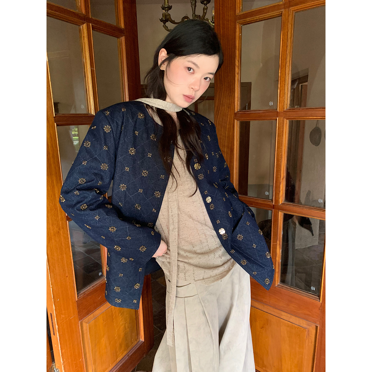 dorydory小众烟花绣珠刺绣外套女2025秋季新款长袖独特撞色上衣 - 图3