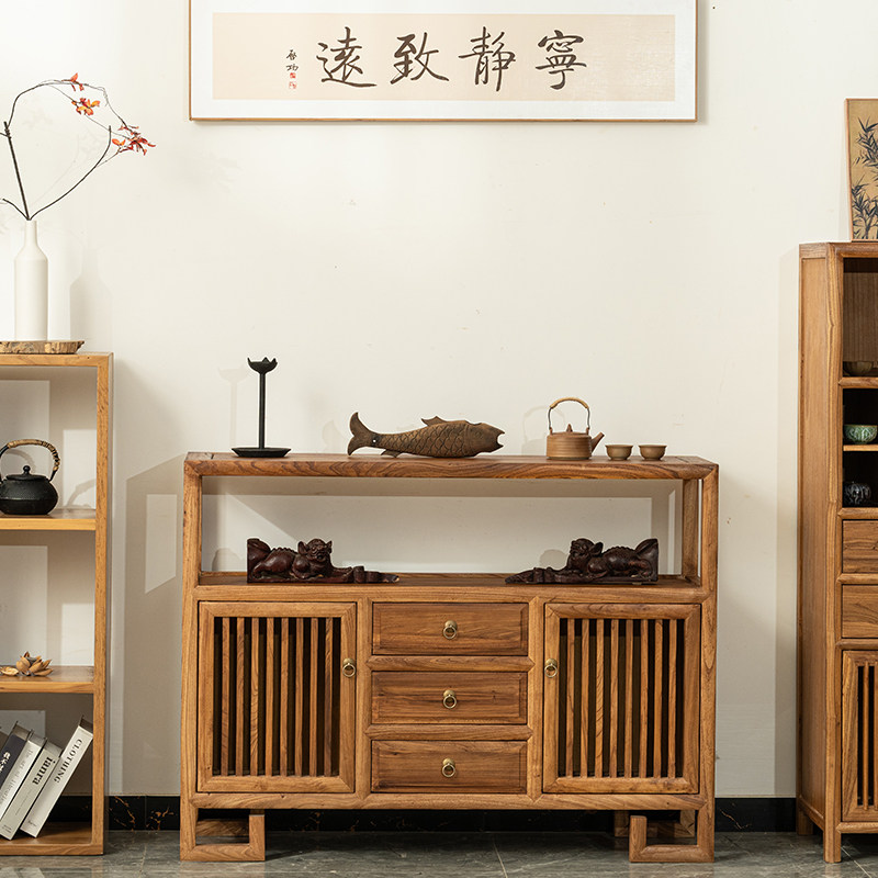 老榆木新中式实木茶水柜储物柜客厅家用靠墙茶室餐边柜入户玄关柜 - 图2