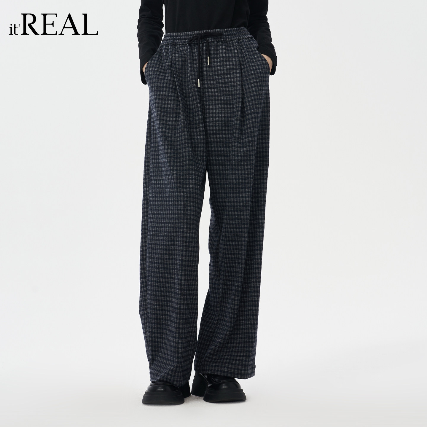it'real瑞尔25冬季新款复古休闲高腰格纹阔腿长裤女下装,淘宝优惠券,粉丝福利购,淘宝优惠卷