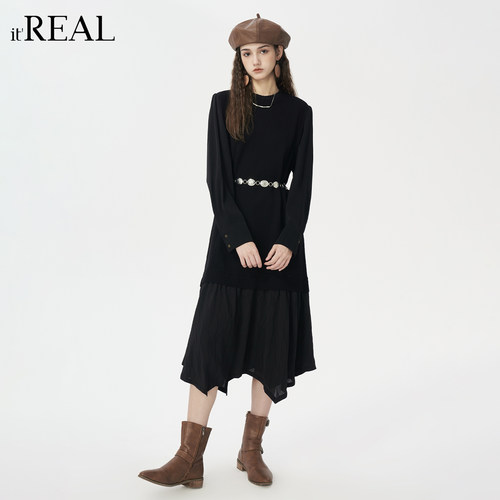 it'real瑞尔冬季新款简约气质假两件休闲保暖连衣裙女 - 图0