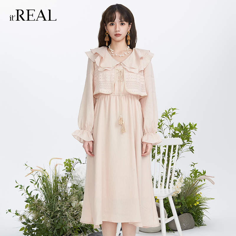 it'real瑞尔春新款花边领粉色连衣裙仙气质通勤长袖中长裙,淘宝优惠券,粉丝福利购,淘宝优惠卷