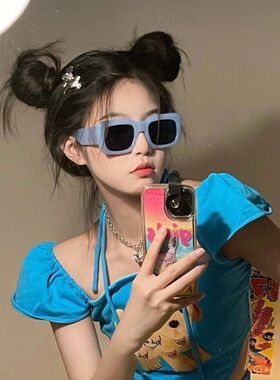 欧美千古潮辣妹嘻哈蹦迪方形蓝框太阳镜女复古简约墨镜网红款眼镜