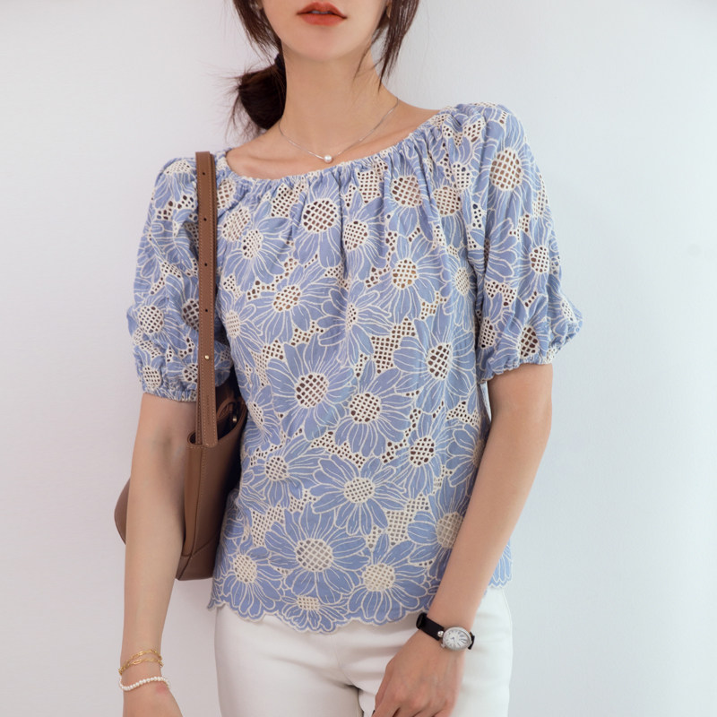 欧至雅韩式瑞丽通勤天蓝色露肩套衫 szozya欧至雅蕾丝衫/雪纺衫