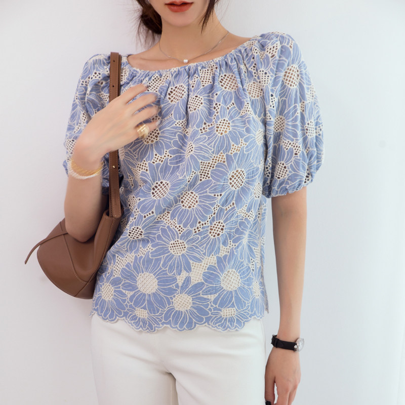 欧至雅韩式瑞丽通勤天蓝色露肩套衫 szozya欧至雅蕾丝衫/雪纺衫