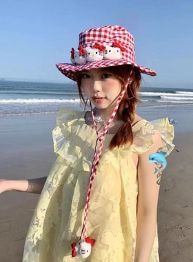 百搭盆帽渔夫红格子kitty亚文风