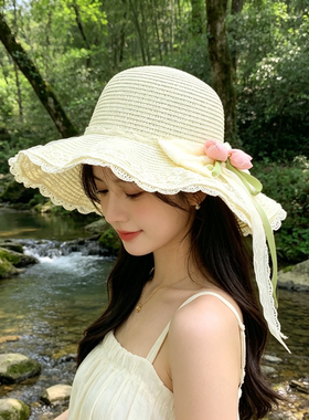 法式蕾丝蝴蝶结大檐防晒草帽女