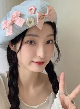 2024新款蝴蝶结贝雷帽夏季薄款云朵帽子女大头围显脸小前进画家帽