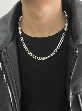 仿珍珠拼接设计感项链男士嘻哈