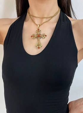Vintage古着金色十字架项链女
