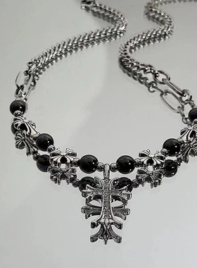 欧美哥特风串珠十字架项链男潮