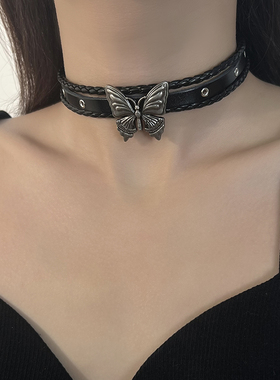 暗黑涩谷蝴蝶皮质双层项链小众