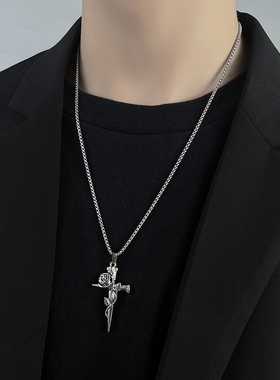 玫瑰十字架钛钢项链男款潮小众