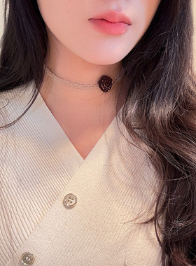 咖色玫瑰花choker颈链项链女款