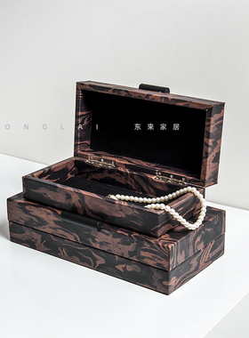 中古图腾实木首饰盒摆件新款皮革收纳盒新中式样板间客厅书房软装