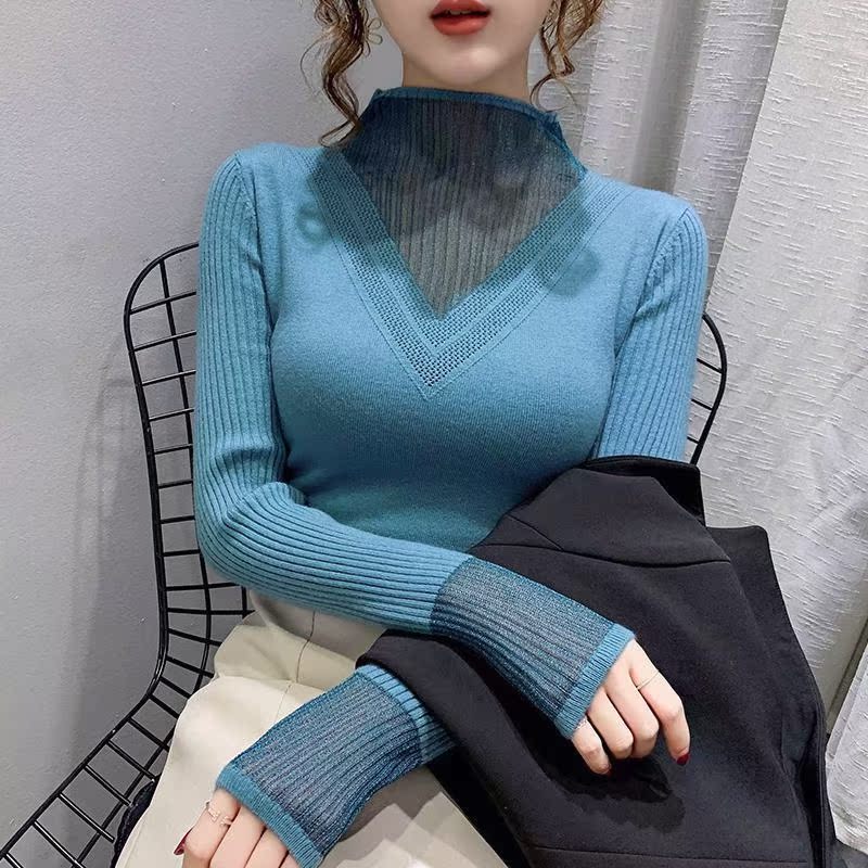 蕾丝镂空拼接半高领毛衣女秋冬新款修身显瘦针织打底衫女长袖上衣 - 图3