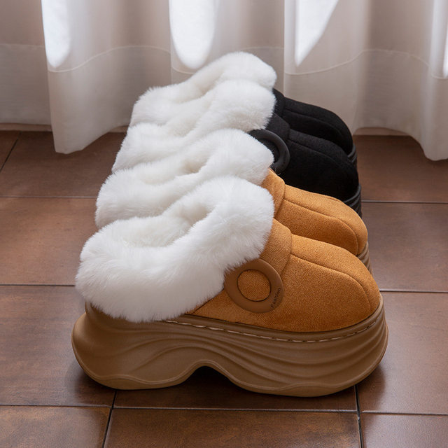 Thick-soled cotton slippers for women, autumn and winter outer wear, 2025 new internet celebrity, heightening, warm and plush slippers for small people