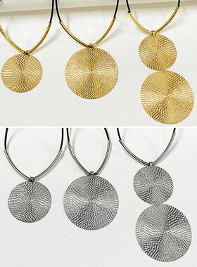 欧美跨境货源夸张纹路双圆片吊坠项链女朋克时尚几何圆个性颈饰