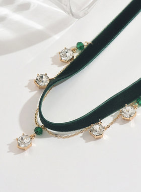 时尚绿丝绒布艺水钻吊坠双层项圈
