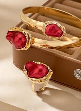 欧美跨境货源时尚复古手镯女夸张红色异形珍珠开口戒指不规则套装