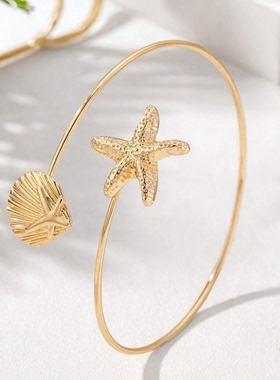 欧美时尚海洋风海星贝壳金属开口臂环女度假风海边沙滩上臂手镯