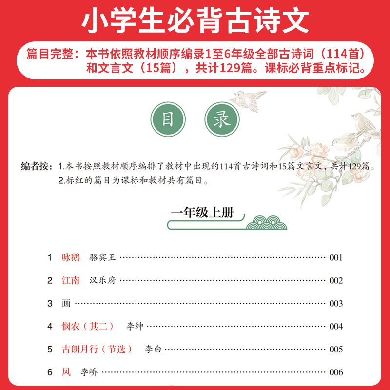 一本必背古诗文 小学生必背古诗文129篇1-6年级 全国通用 小学古诗文文言文大全 小学语文必背古诗词 扫码音频 批注 导图 拓展助记 - 图0