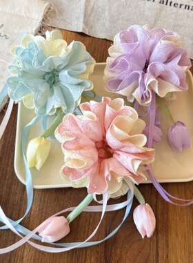 儿童可爱郁金香花朵飘带大肠发圈女童扎马尾丸子头发绳儿童发饰