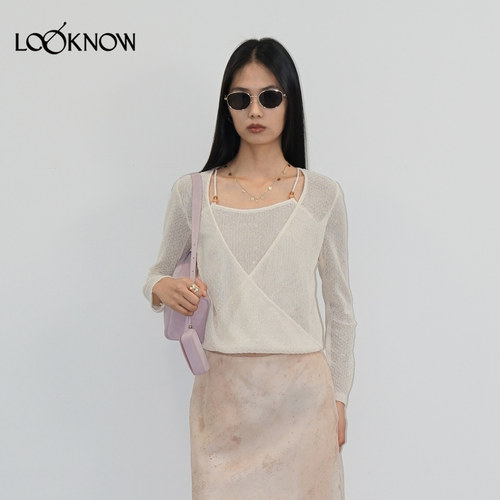 halfmoon x LOOKNOW2026春季新款白色下摆纽结衫 - 图1